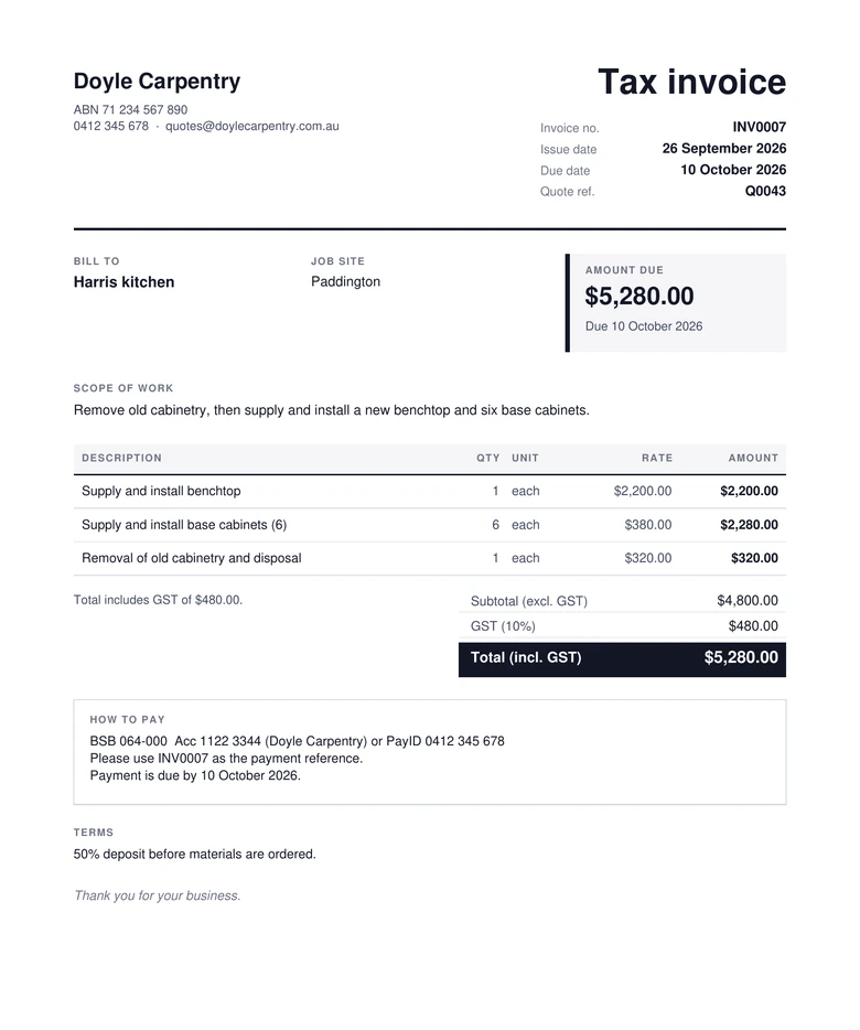 A tax invoice PDF generated by Tradie Toolkit, with ABN, line items and GST breakdown