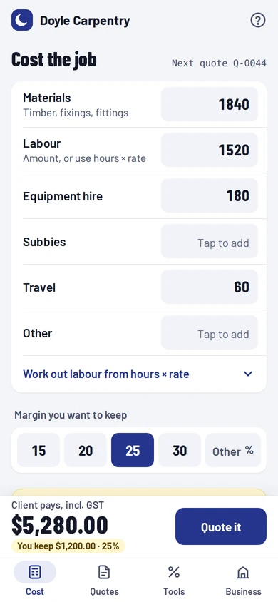 Tradie Toolkit showing a completed job-cost result on a phone