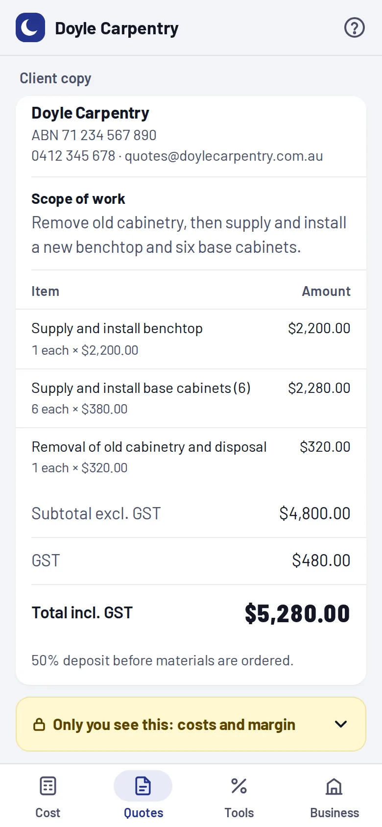 Tradie Toolkit client copy of a quote with line items and GST, private costs folded away below